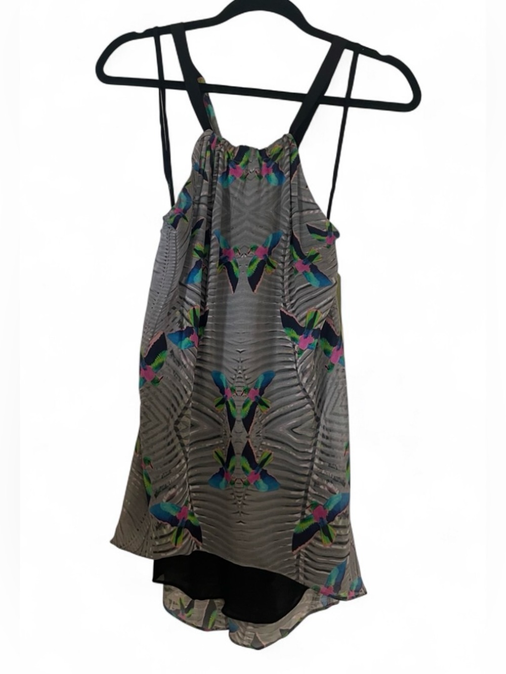 NWT Nicole Miller Grey Humming Bird Criss- Cross Halter Tank Top Womens Size M